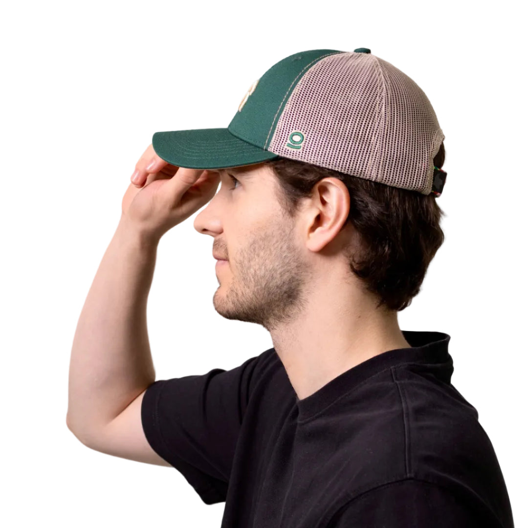 GORRA TRUCKER ORÍGENES VERDE BOTELLA - FRENTE DURO